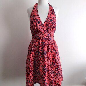 Modcloth The Unfaltering Halter Sundress 10 Orange Navy Floral Cotton Dress